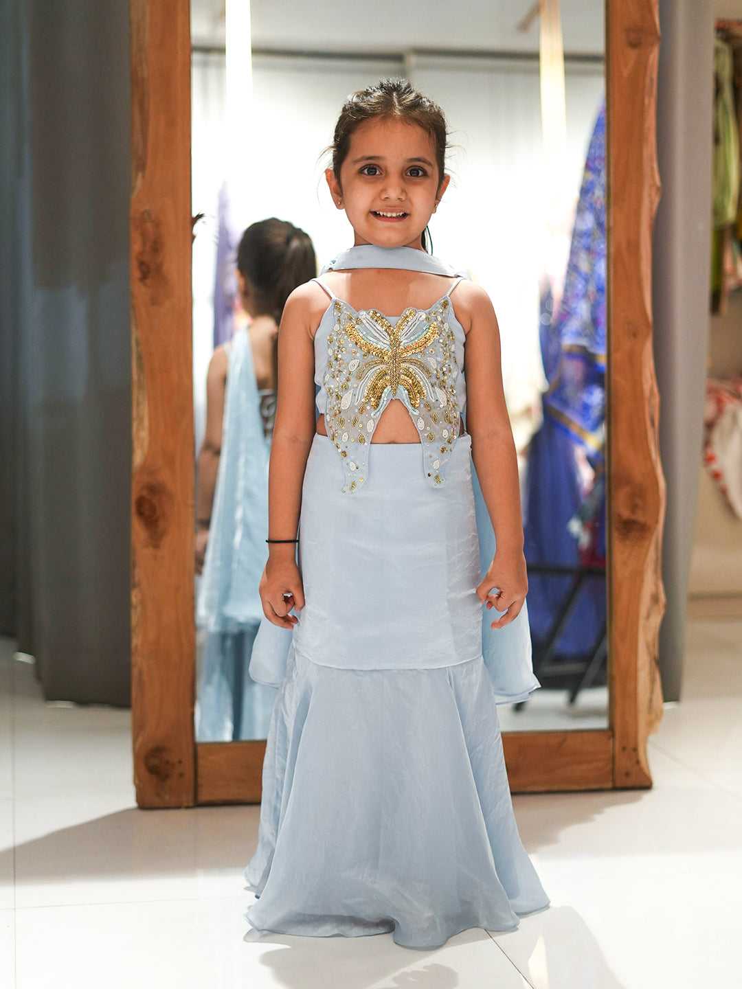 open lace back dress Sky Blue Butterfly Embellished Party Dress