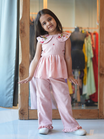 Pink Embroidered Collar Co-ord Set