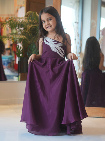 Purple Princess One-Shoulder Kids Gown