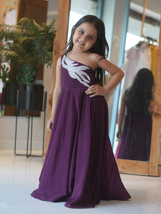 Purple Princess One-Shoulder Kids Gown