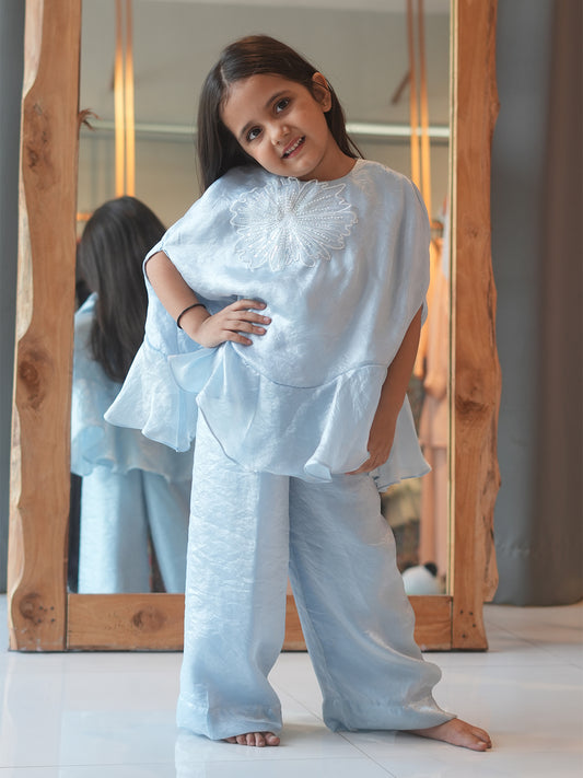 Ice Blue Shimmer Cape Coord Set for Girls