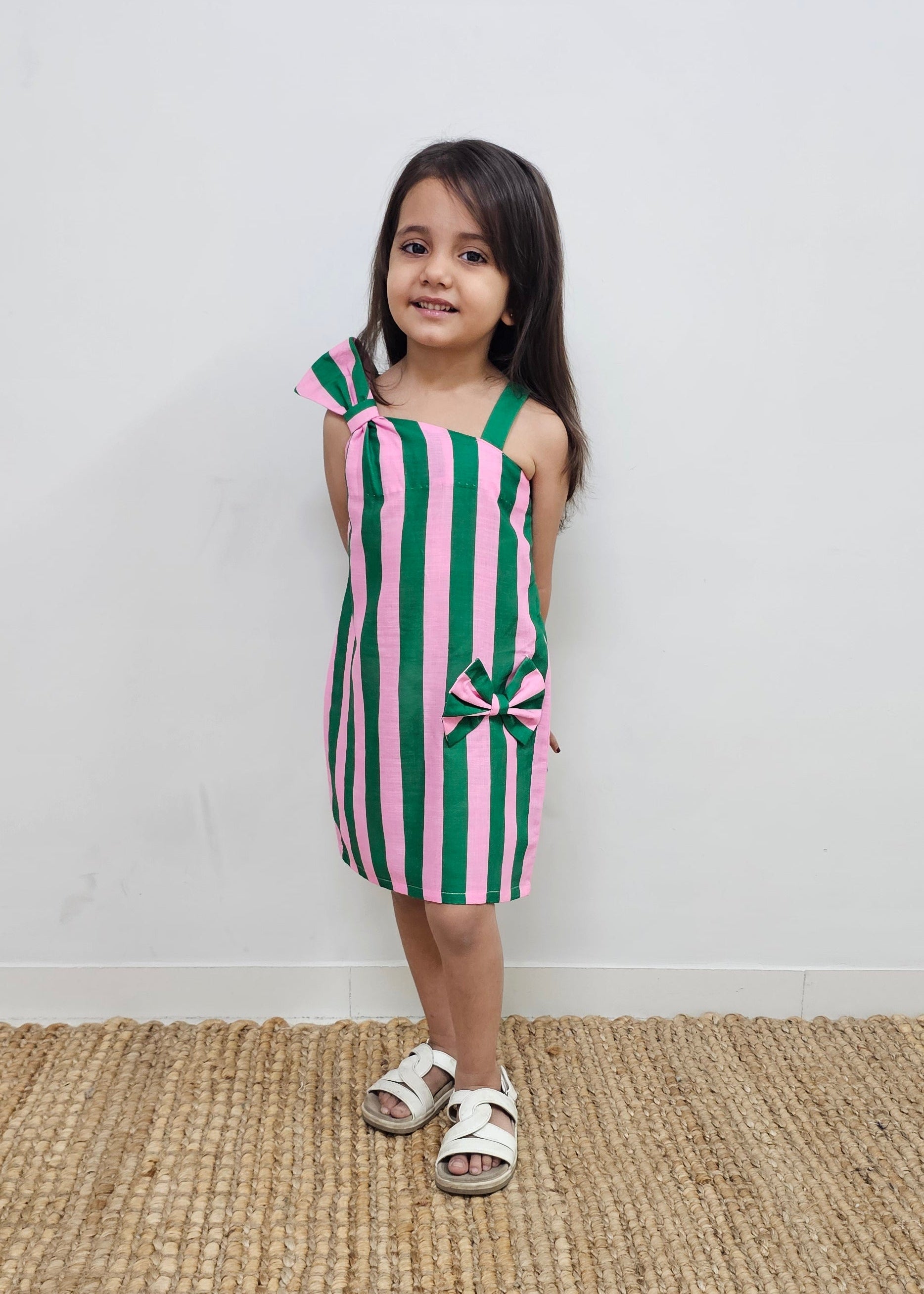 Pink & Green stripes Bow Dress