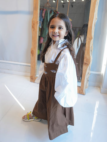 Brown Solid Pinafore Dress with White Cotton Shirt