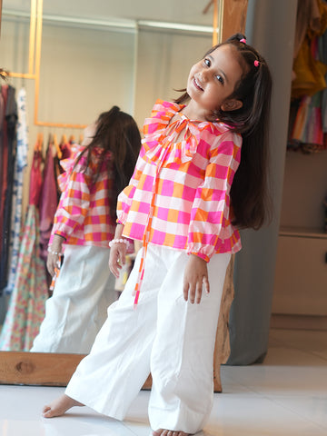 Pink–Orange Gingham Ruffle Top with Classic White Palazzos