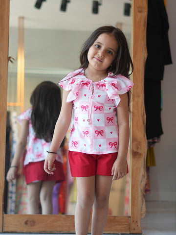 Pink Bow Print Ruffle Top & Red Shorts Set