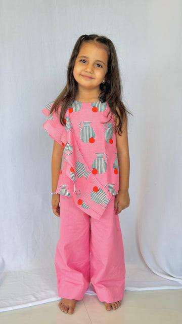 Pink Printed Asymmetric Top with Wide Leg Pants