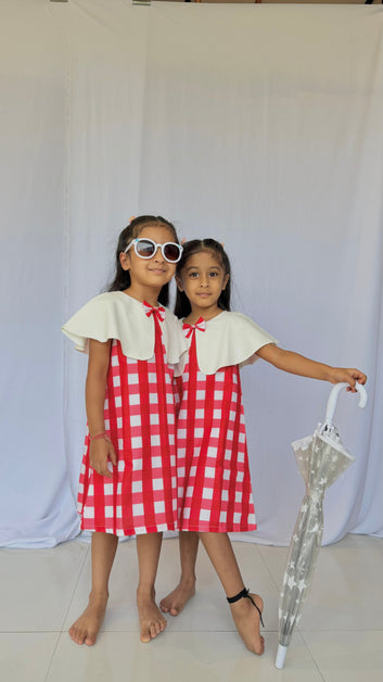 Gingham Print Dress with Cape Collar