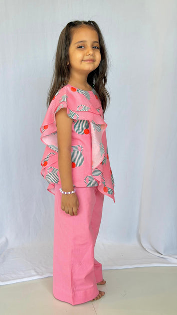 Pink Printed Asymmetric Top with Wide Leg Pants