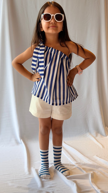 Blue stripes one shoulder tieup coord set