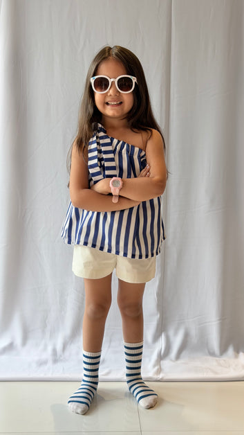 Blue stripes one shoulder tieup coord set
