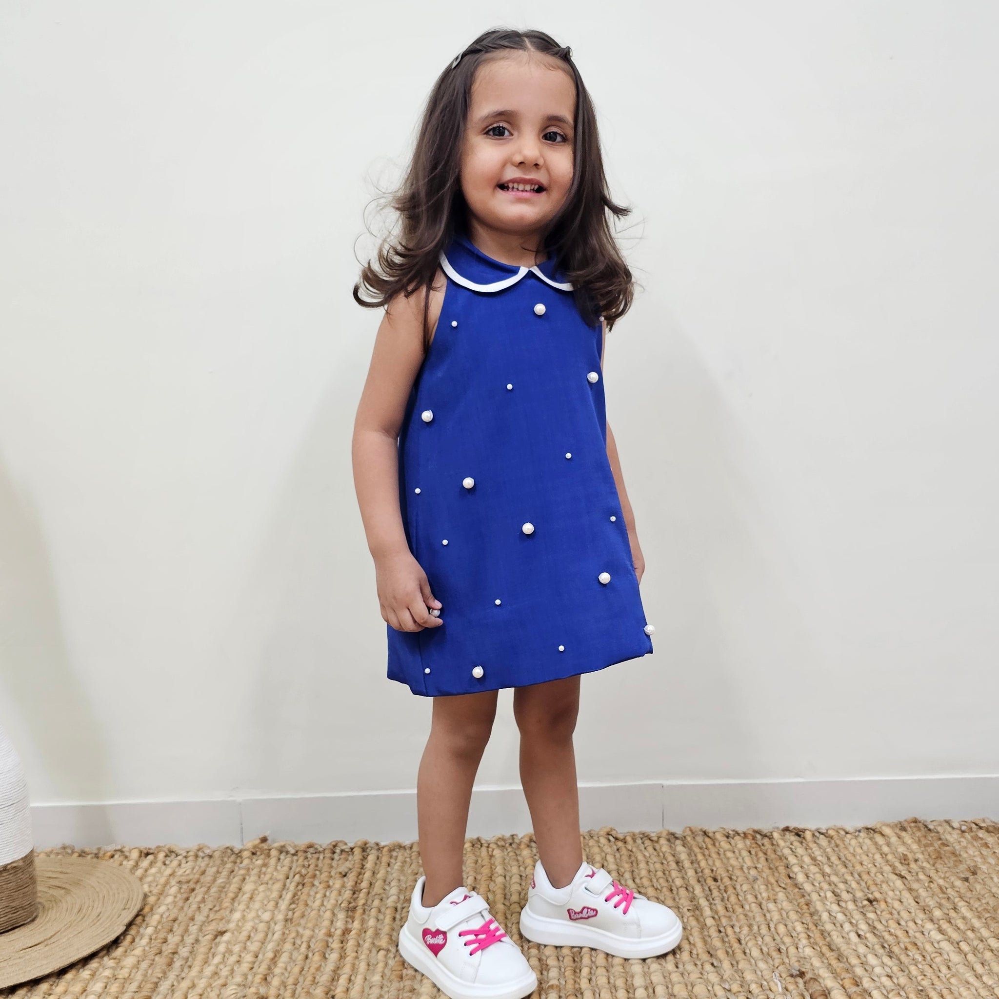 WHITE PEARL EMBELLISHED BLUE DRESS WHITE PEARL EMBELLISHED BLUE DRESS