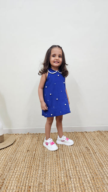 WHITE PEARL EMBELLISHED BLUE DRESS TT0119