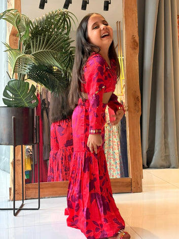 Red Floral Printed Sharara And Crop Top Set