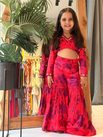 Red Floral Printed Sharara And Crop Top Set