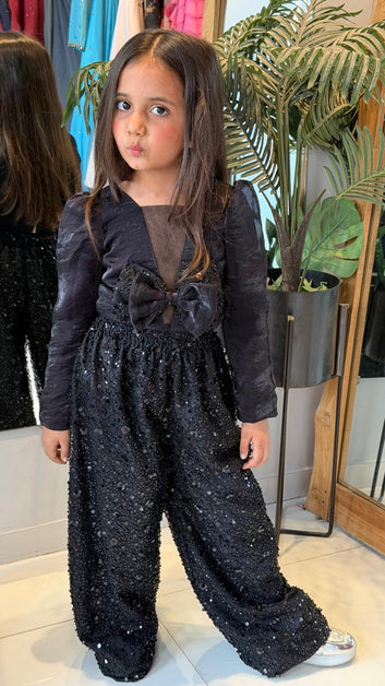 Black Sequin Wide-Leg Co-ord Set for Girls