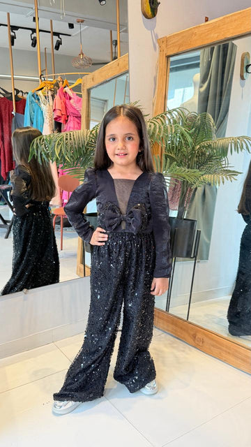 Black Sequin Wide-Leg Co-ord Set for Girls