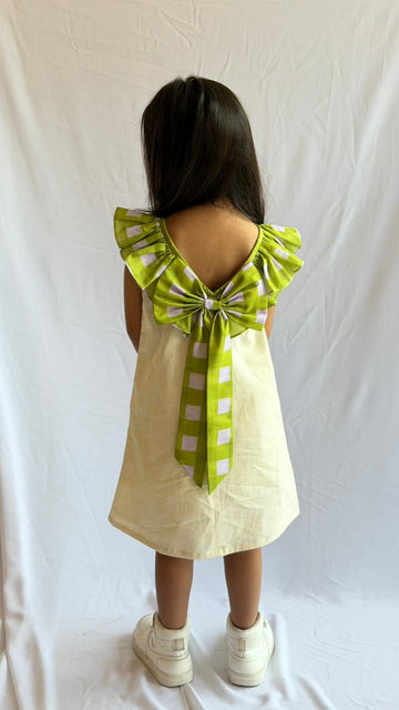 Cream & Lime Ruffle Neck Dress