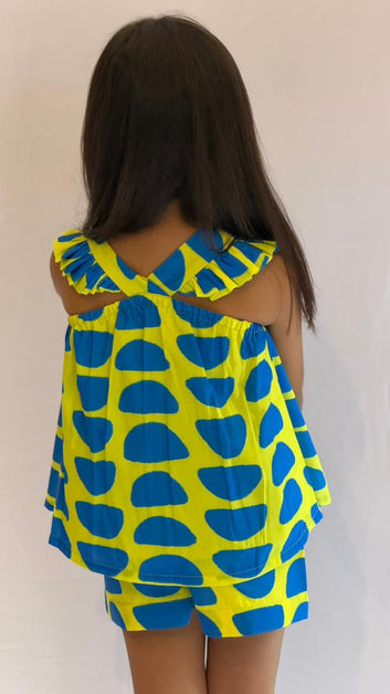 Yellow & Blue Printed Top & Shorts Set