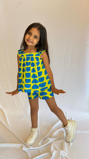 Yellow & Blue Printed Top & Shorts Set