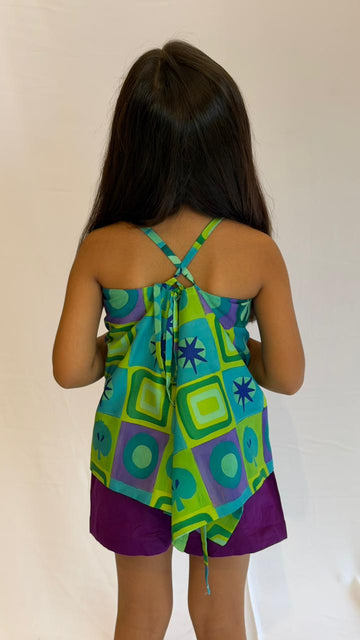 Green Printed Co-Ord Set with Purple Shorts