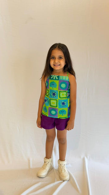 Green Printed Co-Ord Set with Purple Shorts