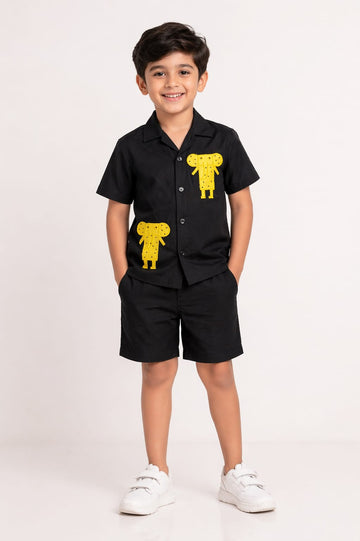 Black Co-Ord Set with Yellow Elephant Applique