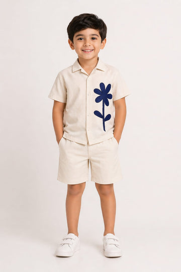 Beige Co-Ord Set with Blue Flower Applique