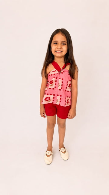 Red Bloom Halter Top & Shorts Set
