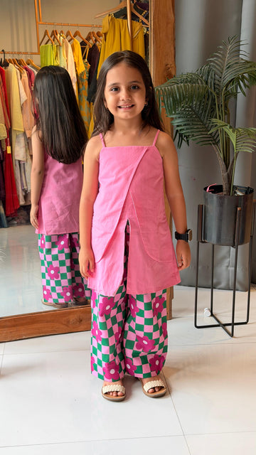 Pink Overlay Top & Floral Check Palazzo Set