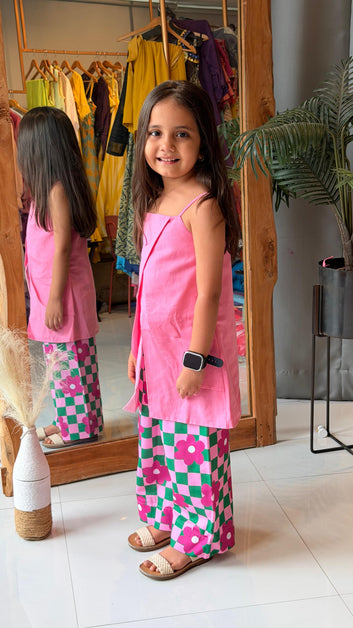Pink Overlay Top & Floral Check Palazzo Set