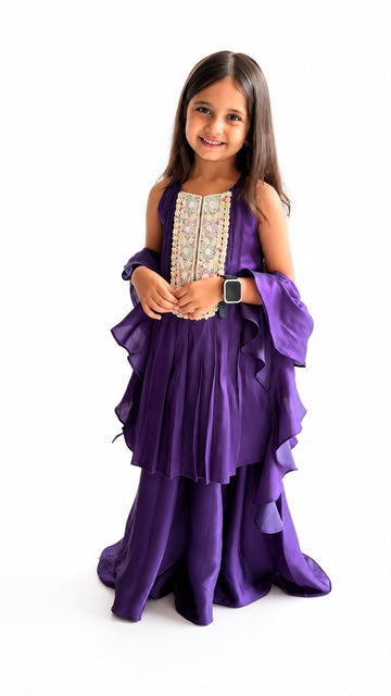 Purple Embroidered Kurta Sharara Set with Ruffle Dupatta