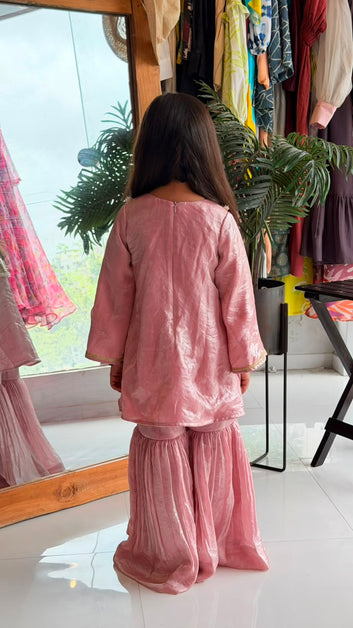 Blush Pink Golden Neckline Kurta Sharara Set