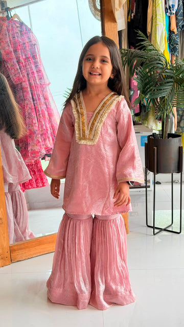 Blush Pink Golden Neckline Kurta Sharara Set