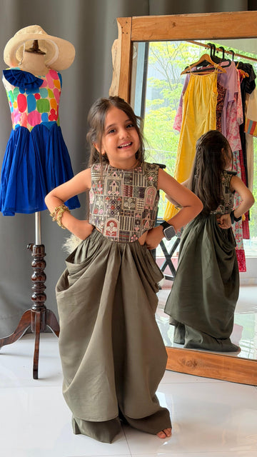 Embroidered Olive Draped Palazzo Set