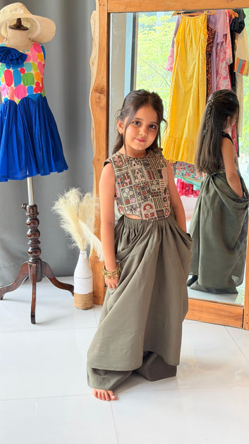 Embroidered Olive Draped Palazzo Set