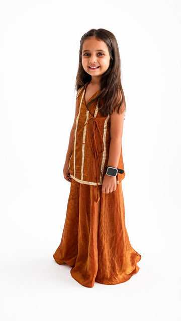 Rust Embellished Kurta with Skirt Palazzo Set