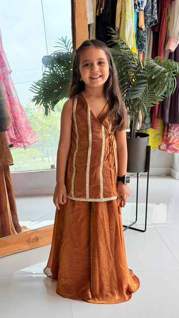 Rust Embellished Kurta with Skirt Palazzo Set