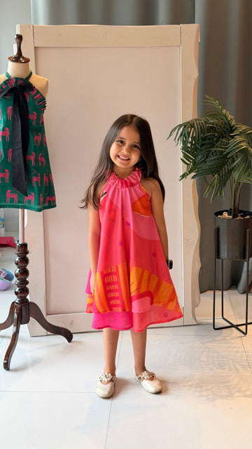 Pink Abstract Print Halter Dress