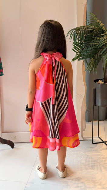 Pink Abstract Print Halter Dress