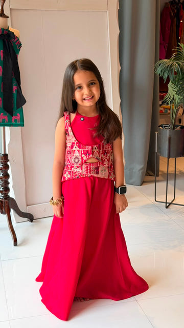 Embroidered Jacket with Flared Skirt & Waist Belt Set