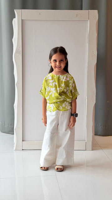 Lime Green Floral Twist Top with White Palazzo Set