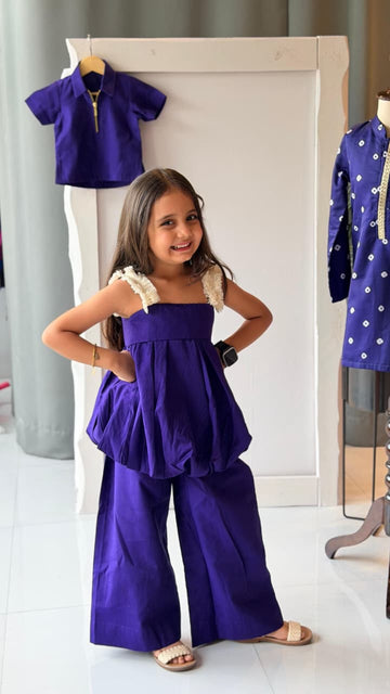 Royal Purple Fringed Peplum Top with Wide-Leg Palazzo Set
