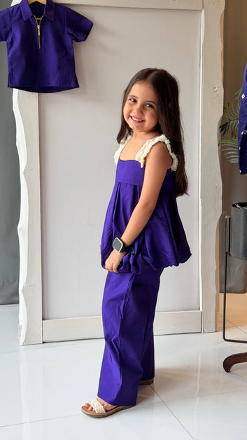 Royal Purple Fringed Peplum Top with Wide-Leg Palazzo Set