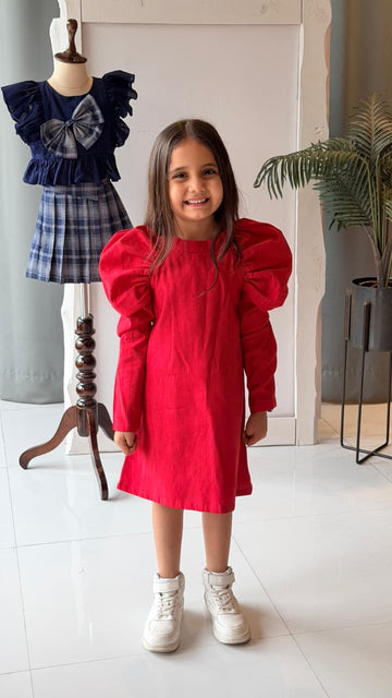 Ruby Red Puff Sleeve Girls Party Dress