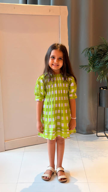 Lime Green Checked Puff Sleeve Dress