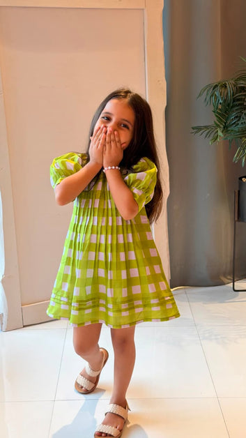 Lime Green Checked Puff Sleeve Dress