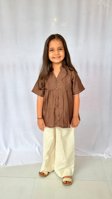 Brown Button-Down Top & Wide-Leg Pants Set