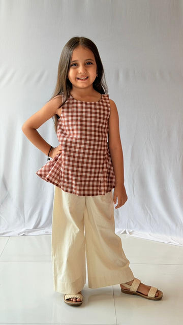 Brown Gingham Peplum Coord Set