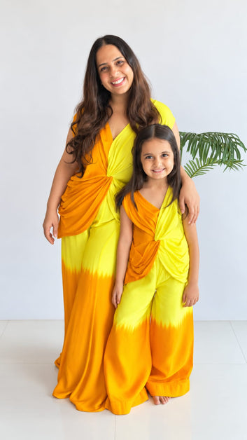 Yellow & Orange Ombre Drape Top with Palazzo Pants