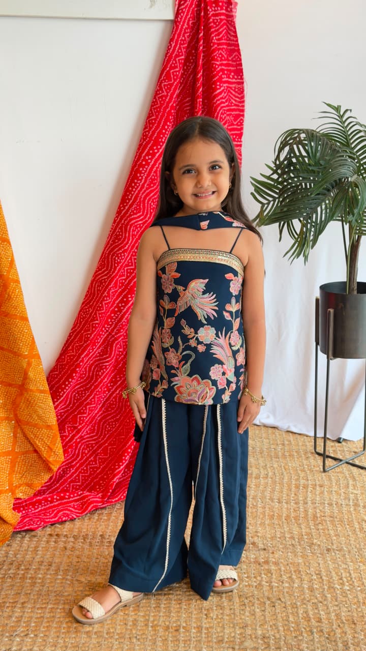 Navy Blooms Festive Sharara Set - girl wearing deep navy floral kurta with sharara and dupatta
